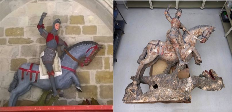 Figure of Saint George by Stella after unprofessional restoration (right) and after professional restoration (left)