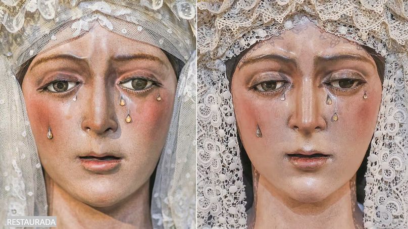 The Virgin of La Macarena after (left) and before restoration (right).