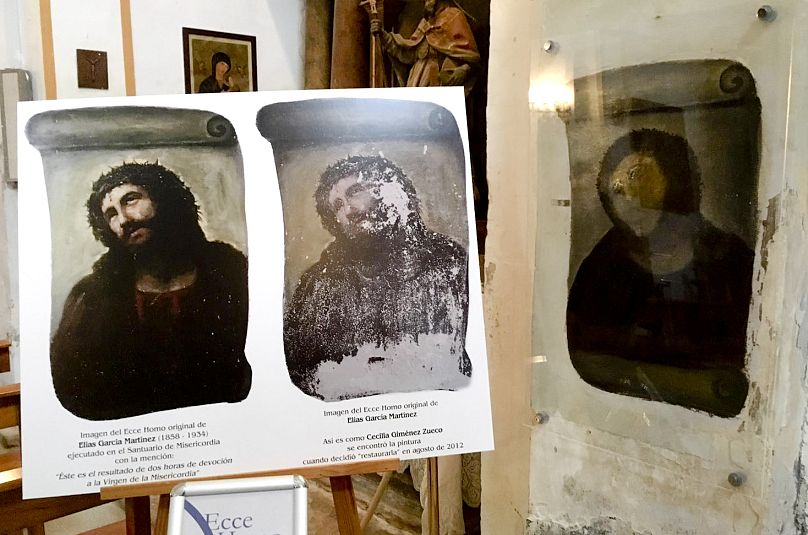 Borja's “Ecce Homo” before and after the intervention of amateur painter Cecilia Giménez.