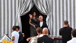 Amazon founder Jeff Bezos, right, and Lauren Sanchez in front of their hotel in Venice, the city chosen for the wedding