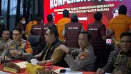 Australian suspects in the murder of an Australian tourist during a press conference at the local police precinct in Badung, 26 June, 2025