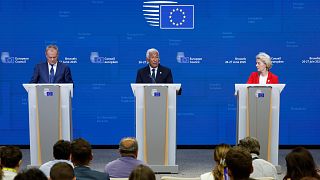 From left, Poland's Prime Minister Donald Tusk, European Council President Antonio Costa and European Commission President Ursula von der Leyen address a media conference at a