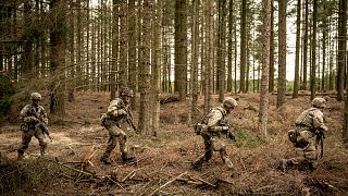 Soldiers from the Schleswig Infantry Regiment train at the shooting and training range in Oksboel, Jutland, Denmark, on Thursday 16 March 2023.