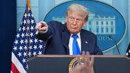 President Donald Trump points to a reporter to take a question as he speaks to the media in the White House, 27 June, 2025