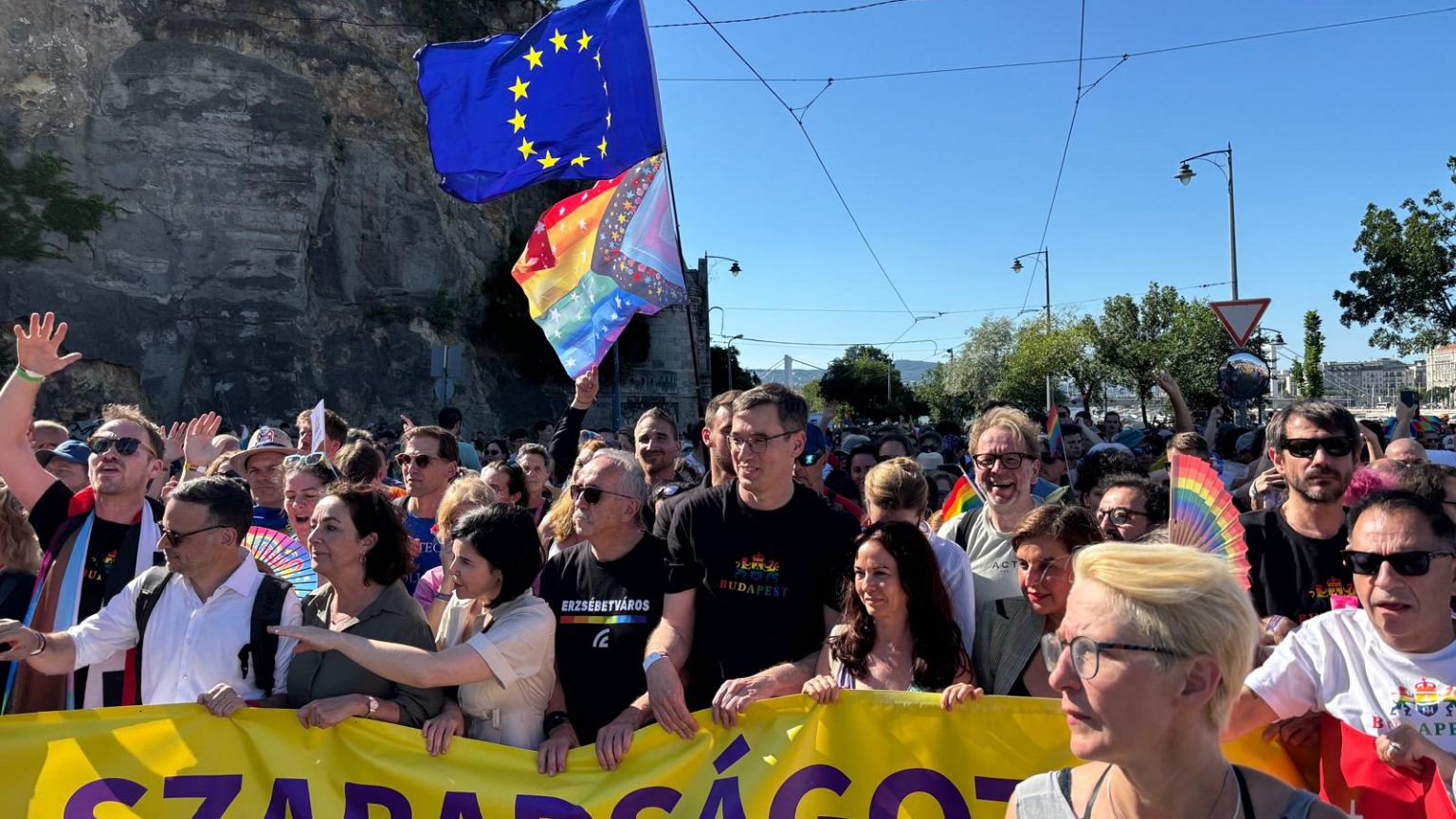 Gergely Karácsony, the mayor of Budapest, marching alongside MEPs