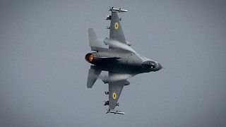 The Ukrainian Air Force's F-16 fighter jet flies in an undisclosed location in Ukraine, Sunday, Aug. 4, 2024. 