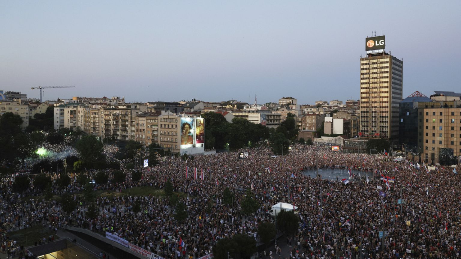 People attend a major anti-government rally in Belgrade, Serbia, Saturday, June 28, 2025.