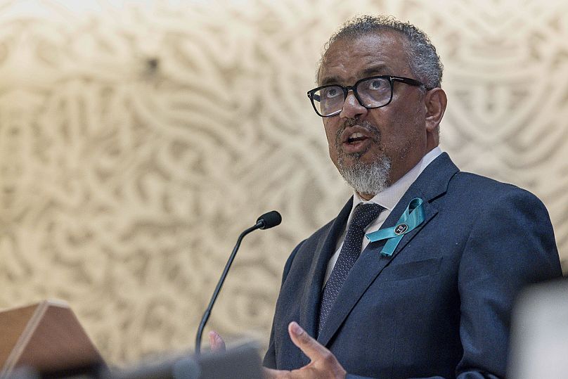 Dyrektor generalny Światowej Organizacji Zdrowia (WHO) Tedros Adhanom Ghebreyesus wygłasza swoje oświadczenie