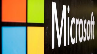 The Microsoft company logo is displayed at their offices in 2021.