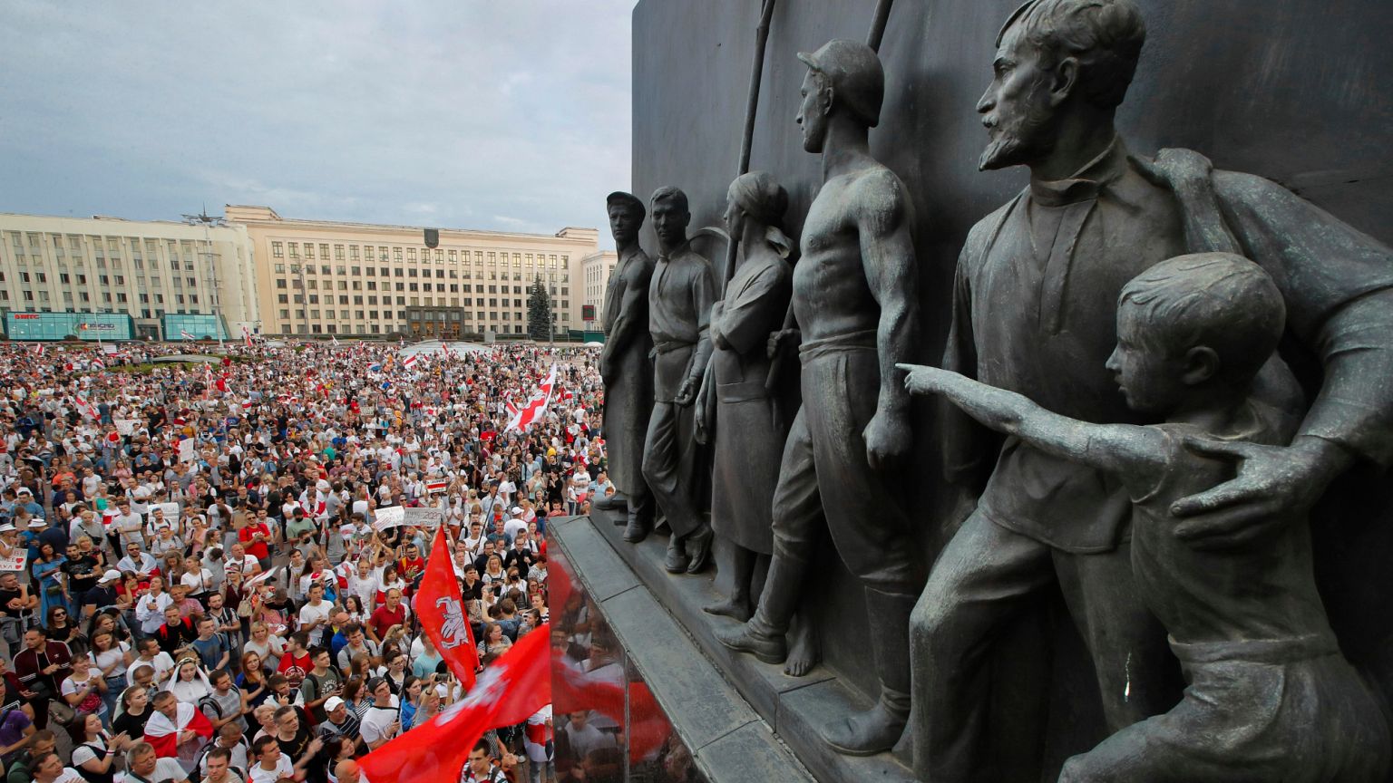 Belarusian opposition supporters gather for a protest in front of the government building at Independence Square in Minsk, 18 August, 2020