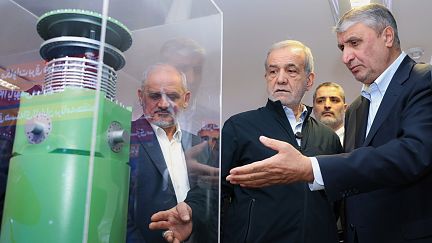 FILE: President Masoud Pezeshkian visits an exhibition of Iran's Iran's nuclear achievements in Tehran, 9 April 2025