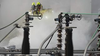 Firefighters extinguish a fire at North Hyde electrical substation which led to the closure of Heathrow Airport, 21 March, 2025