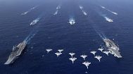 Chinese aircraft carriers Liaoning and Shandong carry out a dual aircraft carrier formation exercise in the South China Sea, October, 2024