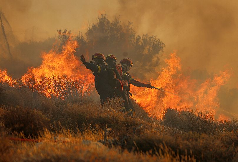 Des pompiers utilisent un tuyau d'arrosage pour tenter d'éteindre un incendie près de la ville d'Ierápetra sur la côte sud de l'île de Crète, en Grèce, le jeudi 3 juillet 2025