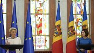 Moldova's President Maia Sandu, right, and European Commission President Ursula von der Leyen address a media conference in Chisinau, Moldova, prior to the European Political 
