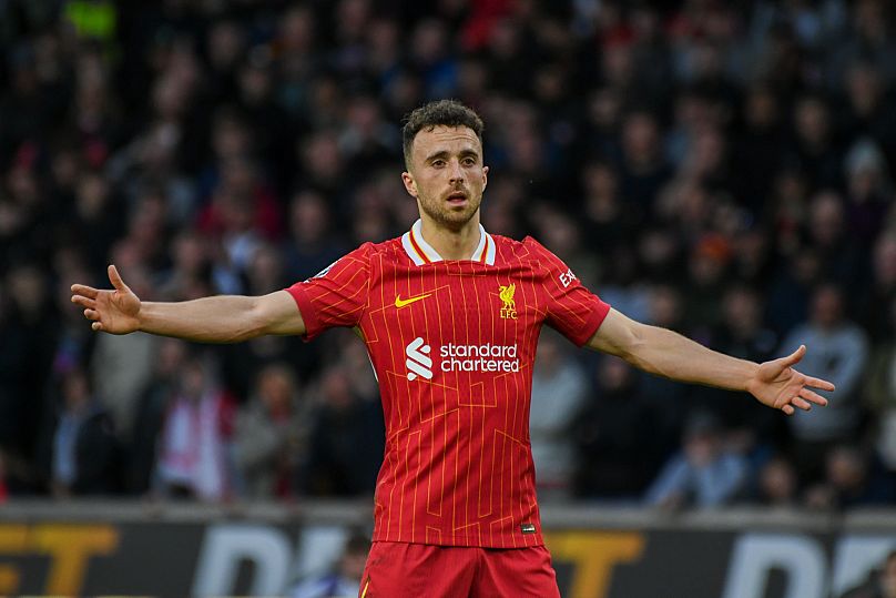 Liverpool's Diogo Jota gestures during the English Premier League soccer 