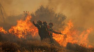Firefighter uses a hose as the try to extinguish the blaze near the town of Ierapetra on the south coast of Crete island, Greece, Thursday July 3, 2025.