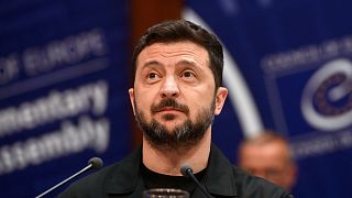 Ukraine's President Volodymyr Zelenskyy delivers a speech at the Council of Europe in Strasbourg, eastern France, Wednesday, June 25, 2025. 