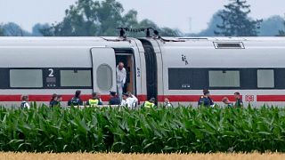 Police and forensics investigate an ICE train in which a man attacked several passengers in Strasskirchen, 3 July, 2025
