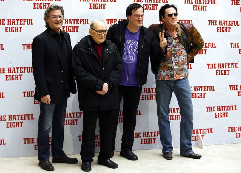 Kurt Russell, le compositeur italien Ennio Morricone, Quentin Tarantino et Michael Madsen à la séance photo du film Les Huit Salopards, à Rome, le 28 janvier 2016