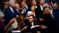 Republican members of Congress with Speaker Mike Johnson, centre bottom, after Johnson signed President Donald Trump's signature bill. Washington, US. 3 July 2025.
