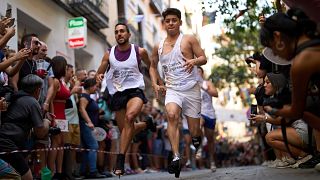 Participants wearing shoes with heels of at least 15 centimeters (5.9 inches) compete in the annual high heel race during Madrid's Pride week, in Madrid, Spain, July 3, 2025.
