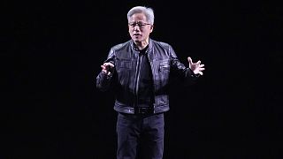 NVIDIA CEO Jensen Huang delivers his keynote address Wednesday, June 11, 2025 at the Vivatech fair in Paris.