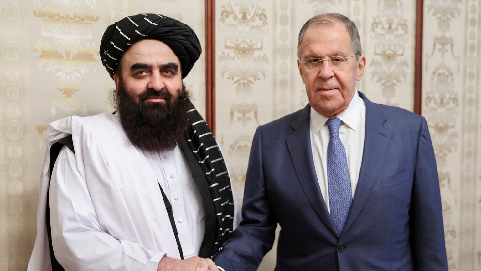 Russian Foreign Minister Sergey Lavrov and Acting Foreign Minister of Afghanistan's Taliban movement Amir Khan Muttaqi prior to their talks in Moscow, Russia. Oct. 4, 2024