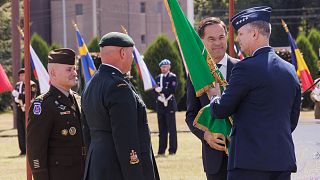 General Alexus Grynkewich, NATO Secretary General Mark Rutte, and General Christopher Cavoli at a SACEUR change of command ceremony in Mons, Belgium, 4 July 2025