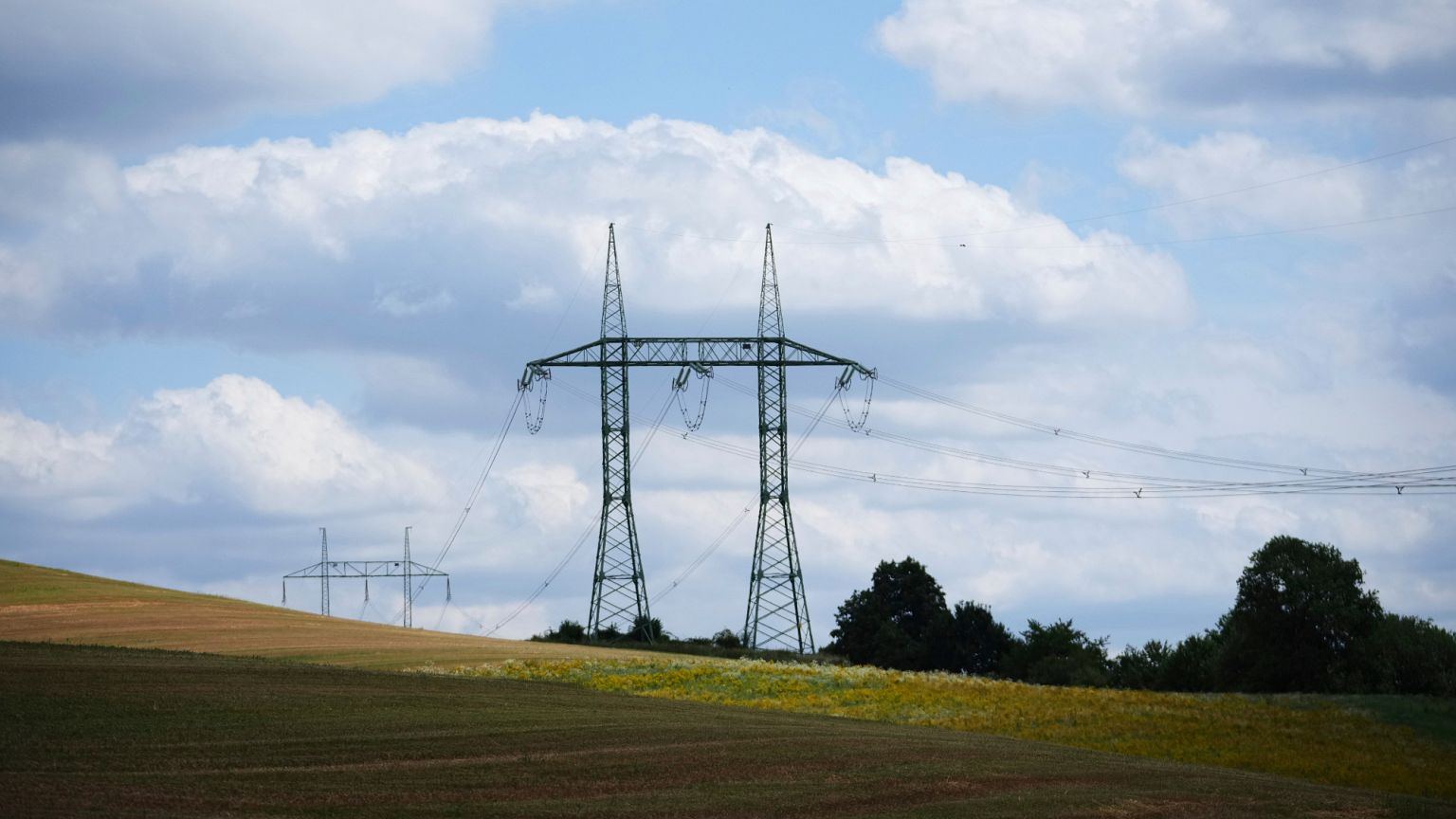 High-voltage power line pylons are seen as Czech Republic faces a major electricity blackout near Benesov, 4 July 2025