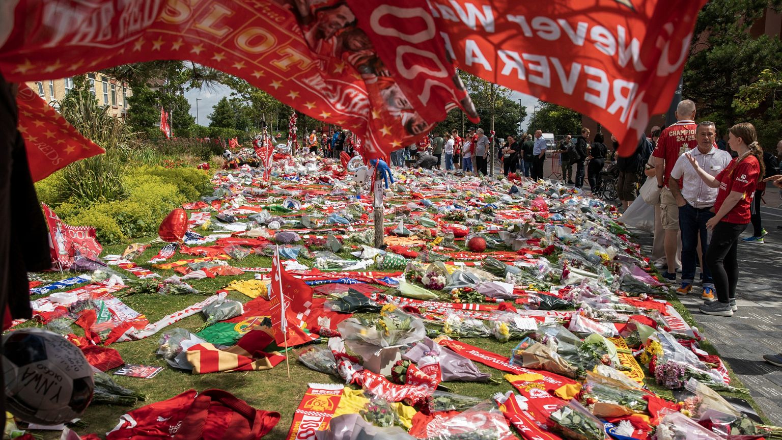 Football fans leave tributes in memory of Liverpool player Diogo Jota at Anfield Stadium, 4 July, 2025