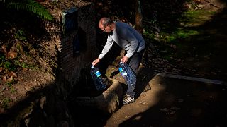 A man fills plastic jugs at a natural spring in Gualba, about 50 km northwest of Barcelona, Spain, during Catalonia's drought, January 2024.