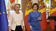 Moldova President Maia Sandu welcomes European Commission President Ursula von der Leyen in Chisinau, Moldova, prior to the European Political Community Summit, Wednesday, May
