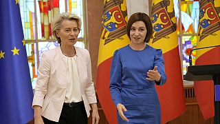 Moldova President Maia Sandu welcomes European Commission President Ursula von der Leyen in Chisinau, Moldova, prior to the European Political Community Summit, Wednesday, May