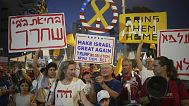 People take part in a protest demanding the end to the war in Gaza in Tel Aviv, Israel, Saturday, July 5, 2025.