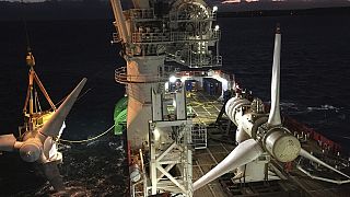 In this October 2018 photo provided by MeyGen, tidal turbines are visible at the MeyGen tidal site located in the Inner Sound of the Pentland Firth, a narrow channel of water 