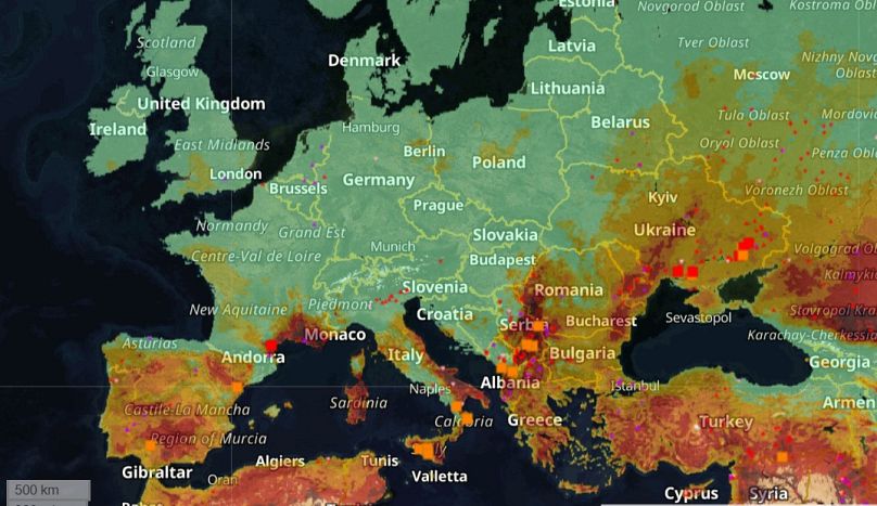 Carte actualisé au 8 juillet du Système européen d'information sur les feux de forêts (EFFIS)