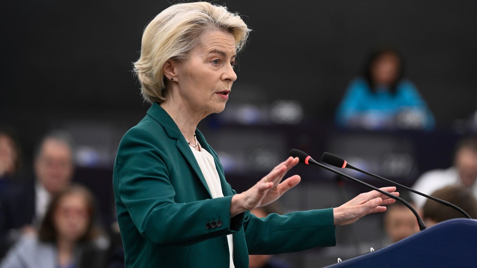 European Commission president Ursula von der Leyen delivers her speech during a statement on the preparation for the EU–China Summit, Tuesday, July 8, 2025.