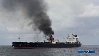 the oil tanker Marlin Luanda on fire after an attack, in the Gulf of Aden