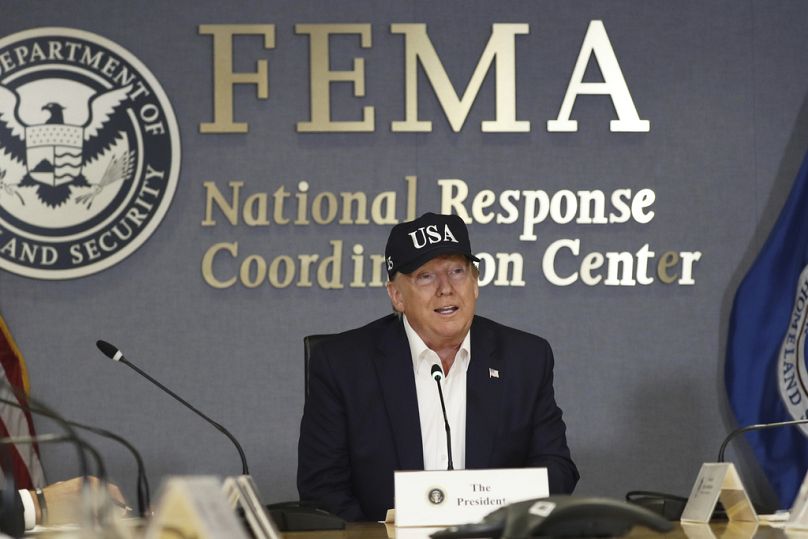 O Presidente Donald Trump discursa na Agência Federal de Gestão de Emergências (FEMA), a 1 de setembro de 2019, em Washington.