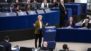Ursula von der Leyen, President of the European Commission, delivers her speech during a session at the European Parliament, Wednesday, Jan. 22, 2025