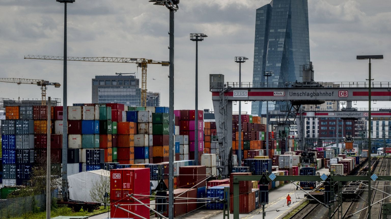  Containers are piled up at a cargo terminal of Deutsche Bahn in Frankfurt, Germany, Wednesday, April 26, 2023. 