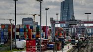  Containers are piled up at a cargo terminal of Deutsche Bahn in Frankfurt, Germany, Wednesday, April 26, 2023. 