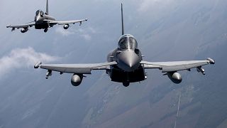 FILE: Italian Air Force Eurofighter Typhoon military fighter jets participating in NATO's Baltic Air Policing Mission operate in Lithuanian airspace, 12 September 2023