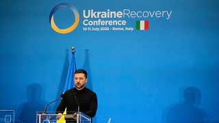 Ukraine's President Volodymyr Zelenskyy speaks with reporters during the Ukraine Recovery Conference in Rome, 10 July, 2025