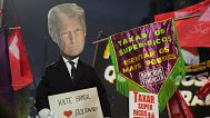 Protesters hold up an effigy of U.S. President Donald Trump in response to Trump's announcement of 50% tariffs on Brazilian goods, in Sao Paulo, Thursday, July 10, 2025. (AP P