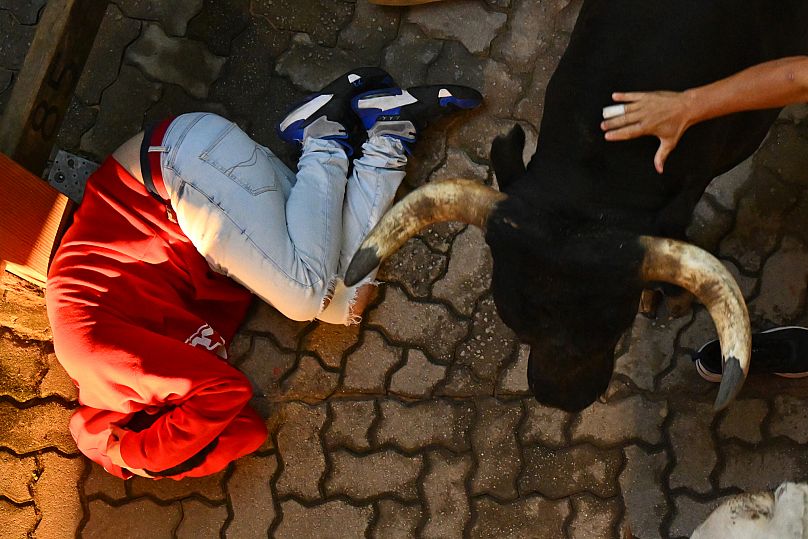 Un fêtard se couvre à côté d'un taureau de combat Miura lors de la dernière course de taureaux au festival de San Fermín à Pampelune, en Espagne, le lundi 14 juillet 2025.