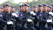 Cambodian troops perform a ceremony in northern Kampong Chhnang province, 14 July, 2025