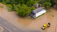 El centro de Kirkland, NY, está cerrado debido a las inundaciones, el domingo 22 de junio de 2025, después de que una tormenta devastadora pasara por la zona.