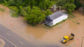 FILE PHOTO - The center of Kirkland, NY, is closed off due to flooding, Sunday, June 22, 2025, after a devastating storm passed through.